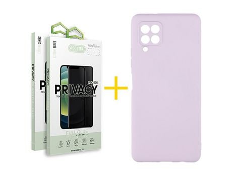 Pack 2 X Protector de Vidrio Templado Anti espía + Funda ACCETEL para Samsung Galaxy A12 5G Silicona Líquida Morado