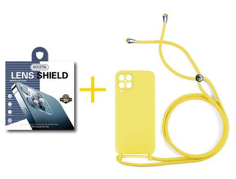 Pack 1 X Protector de Cámara trasera + Funda ACCETEL para Samsung Galaxy M12 Gel con Cordón Amarillo