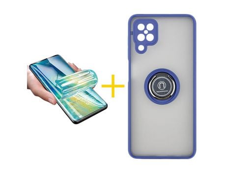 Pack 1 X Protector de Vidrio Templado Hidrogel + Funda ACCETEL para Samsung Galaxy A12 4G Gel Bumper con Anillo Azul