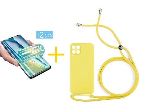 Pack 2 Películas + Funda SKYHE para Samsung Galaxy A12 4G Gel con Cordón Amarillo
