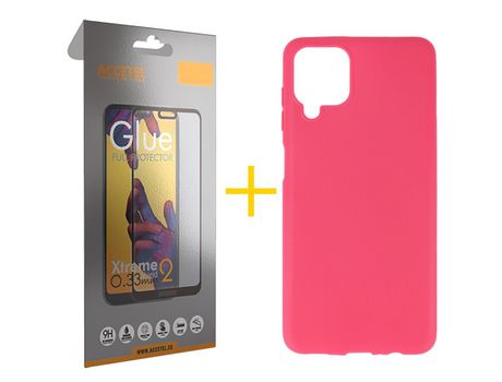 Pack 1 X Protector de Vidrio Templado Full + Funda ACCETEL para Samsung Galaxy M22 Silicona Liso Rosa