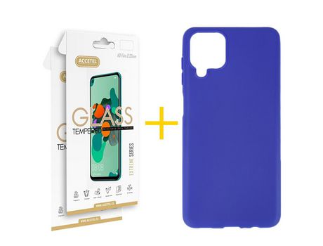 Pack 2 X Protector de Vidrio Templado 2.5D + Funda ACCETEL para Samsung Galaxy M22 Silicona Liso Azul
