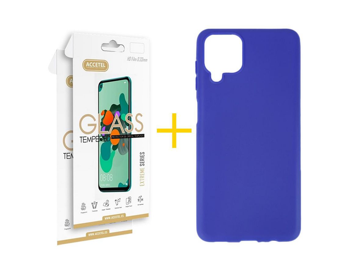 Pack 2 X Protector de Vidrio Templado 2.5D + Funda ACCETEL para Samsung Galaxy A12 5G Silicona Liso Azul