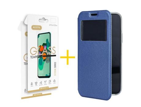 Pack 2 X Protector de Vidrio Templado 2.5D + Funda ACCETEL para Huawei P Smart 2021 Flip Cover Gandy Azul