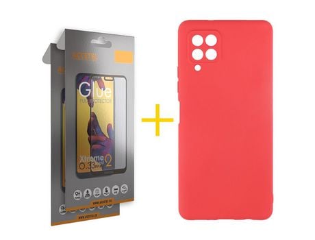 Pack 2 X Protector de Vidrio Templado Full + Funda ACCETEL para Samsung Galaxy M22 Silicona Líquida Rojo