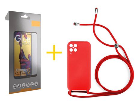 Pack 1 Película Full + Funda SKYHE para Samsung Galaxy M12 Gel con Cordón Rojo