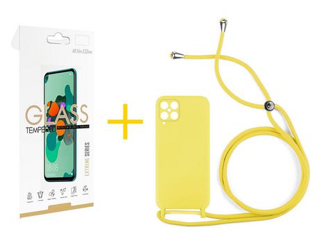 Pack 1 Película 2.5D + Funda SKYHE para Samsung Galaxy M12 Gel con Cordón Amarillo