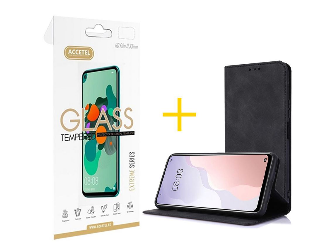 Pack 1 X Protector de Vidrio Templado 2.5D + Funda ACCETEL para Samsung Galaxy A12 5G Flip Cover PRM Negro