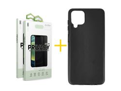 Pack 2 Películas Antiespia + Funda SKYHE para Samsung Galaxy M12 Silicona Liso Negro
