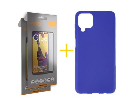 Pack 2 X Protector de Vidrio Templado Full + Funda ACCETEL para Samsung Galaxy M22 Silicona Liso Azul