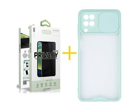 Pack 1 X Protector de Vidrio Templado Anti espía + Funda ACCETEL para Samsung Galaxy A22 4G Gel Protección Cámara Verde-Mar