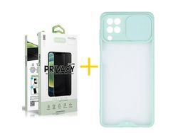 Pack 1 X Protector de Vidrio Templado Anti espía + Funda ACCETEL para Samsung Galaxy A22 4G Gel Protección Cámara Verde-Mar