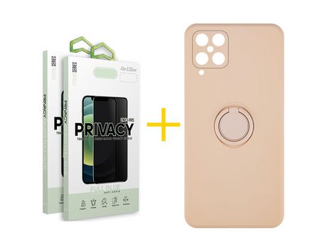 Pack 2 Películas Antiespia + Funda SKYHE para Samsung Galaxy M22 Gel O-Ring Rosa Pastel