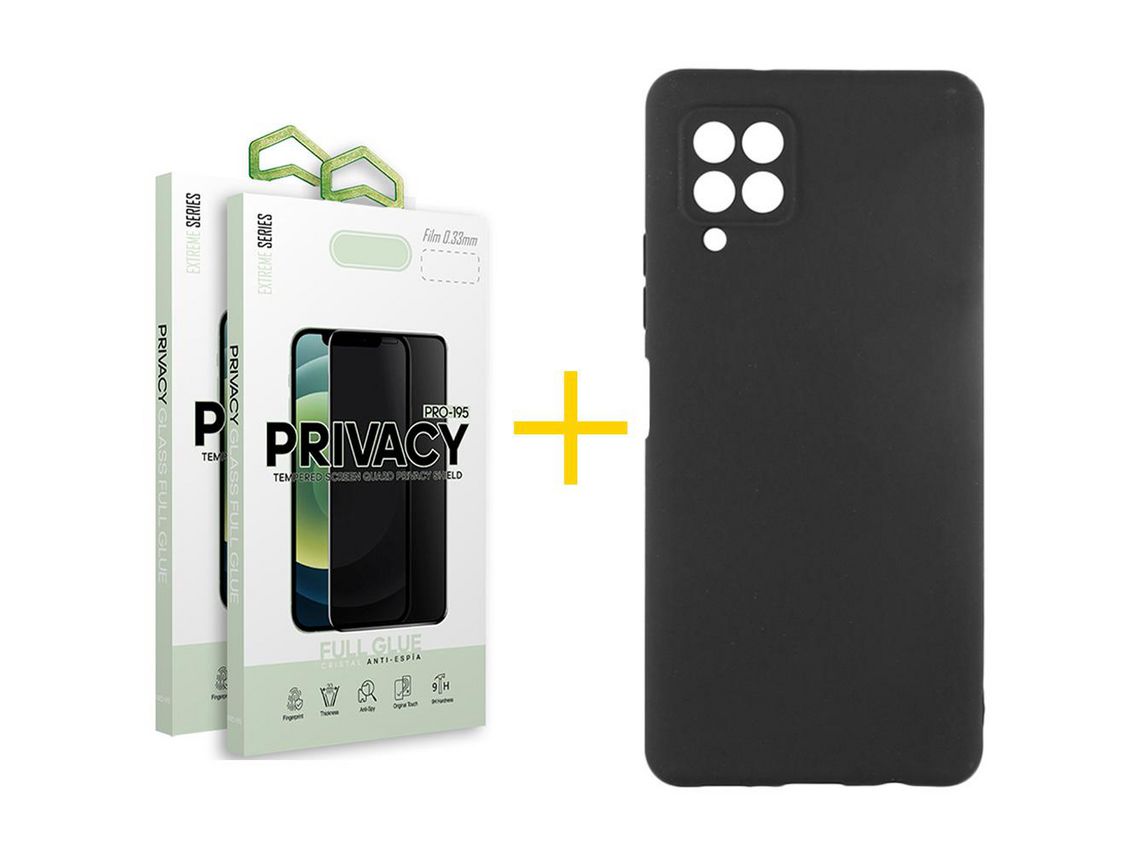 Pack 2 Películas Antiespia + Funda SKYHE para Samsung Galaxy A12 5G Silicona Líquida Negro