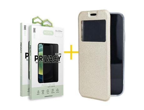Pack 2 X Protector de Vidrio Templado Anti espía + Funda ACCETEL para Samsung Galaxy A70 Flip Cover Gandy Oro