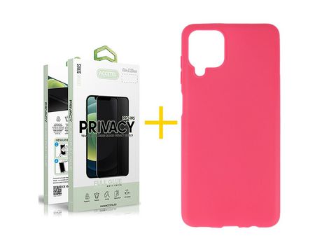 Pack 1 X Protector de Vidrio Templado Anti espía + Funda ACCETEL para Samsung Galaxy A12 5G Silicona Liso Rosa