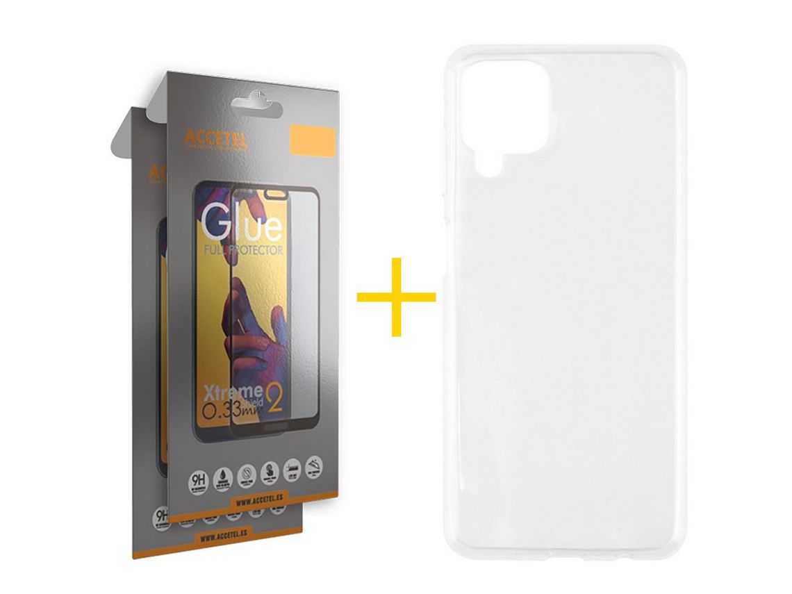 Pack 2 X Protector de Vidrio Templado Full + Funda ACCETEL para Samsung Galaxy M22 Silicona Liso Transparente Clear