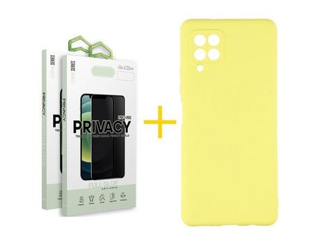 Pack 2 Películas Antiespia + Funda SKYHE para Samsung Galaxy A12 5G Silicona Líquida Amarillo