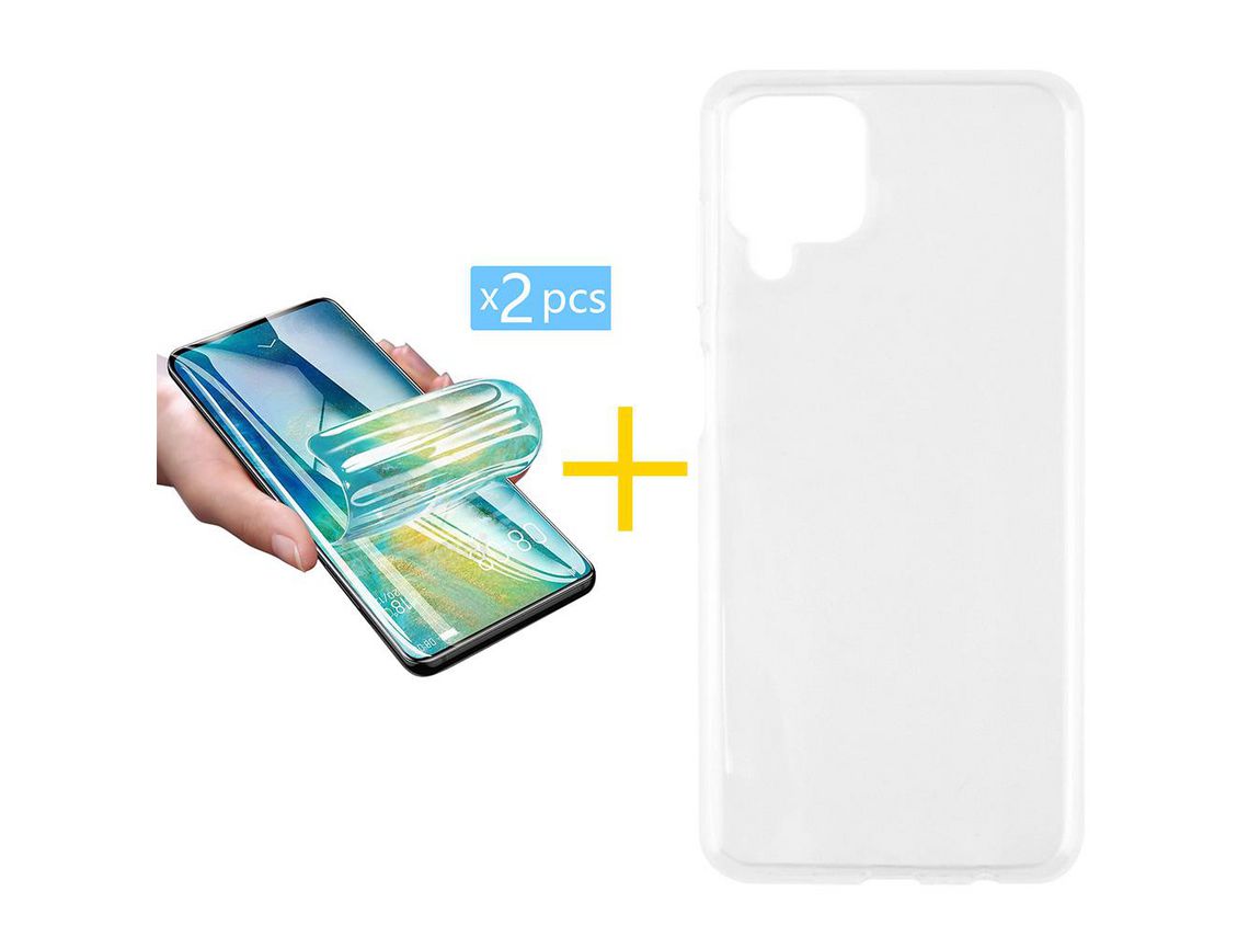 Pack 2 X Protector de Vidrio Templado Hidrogel + Funda ACCETEL para Samsung Galaxy A12 4G Silicona Liso Transparente Clear