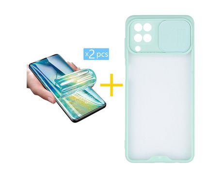 Pack 2 X Protector de Vidrio Templado Hidrogel + Funda ACCETEL para Samsung Galaxy A12 5G Gel Protección Cámara Verde-Mar
