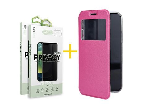 Pack 2 X Protector de Vidrio Templado Anti espía + Funda ACCETEL para Huawei P Smart 2021 Flip Cover Gandy Rosa