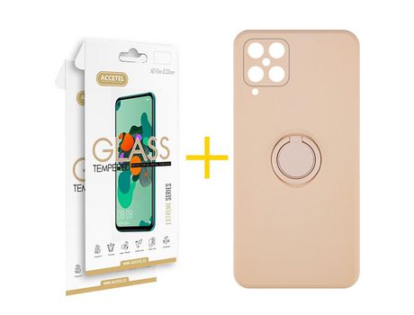 Pack 2 X Protector de Vidrio Templado 2.5D + Funda ACCETEL para Samsung Galaxy A12 5G Gel O-Ring Rosa Pastel
