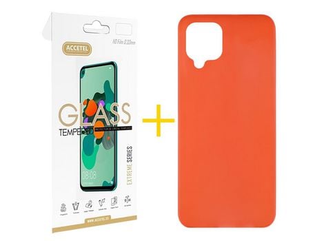 Pack 1 X Protector de Vidrio Templado 2.5D + Funda ACCETEL para Samsung Galaxy M22 Silicona Liso Rojo
