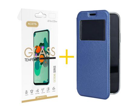 Pack 1 X Protector de Vidrio Templado 2.5D + Funda ACCETEL para Huawei P Smart 2021 Flip Cover Gandy Azul