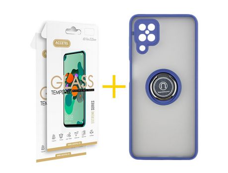Pack 2 X Protector de Vidrio Templado 2.5D + Funda ACCETEL para Samsung Galaxy A12 4G Gel Bumper con Anillo Azul