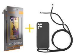 Pack 2 X Protector de Vidrio Templado Full + Funda ACCETEL para Samsung Galaxy M12 Gel con Cordón Negro