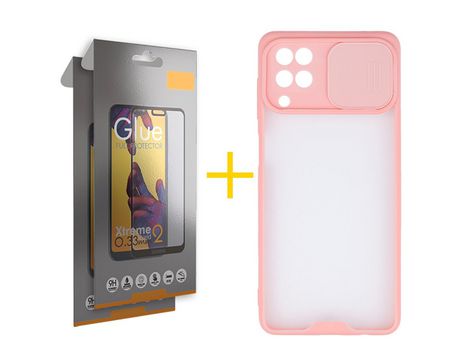 Pack 2 Películas Full + Funda SKYHE para Samsung Galaxy M22 Gel Protteción Cámara Rosa