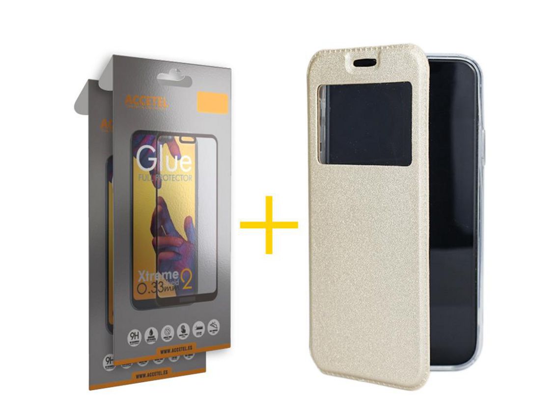 Pack 2 X Protector de Vidrio Templado Full + Funda ACCETEL para Samsung Galaxy A12 5G Flip Cover Gandy Oro