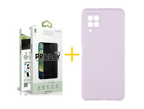 Pack 1 X Protector de Vidrio Templado Anti espía + Funda ACCETEL para Samsung Galaxy A12 4G Silicona Líquida Morado