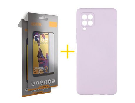 Pack 2 X Protector de Vidrio Templado Full + Funda ACCETEL para Samsung Galaxy M22 Silicona Líquida Morado