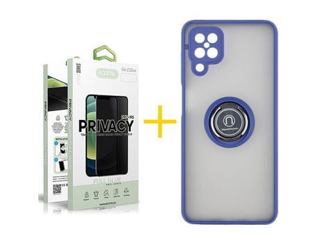 Pack 1 X Protector de Vidrio Templado Anti espía + Funda ACCETEL para Samsung Galaxy A12 5G Gel Bumper con Anillo Azul
