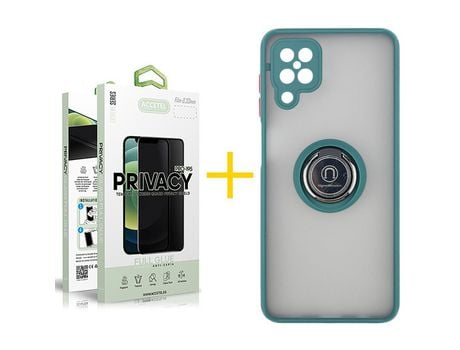 Pack 1 X Protector de Vidrio Templado Anti espía + Funda ACCETEL para Samsung Galaxy A12 4G Gel Bumper con Anillo Verde