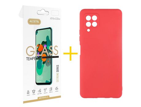 Pack 1 X Protector de Vidrio Templado 2.5D + Funda ACCETEL para Samsung Galaxy A12 4G Silicona Líquida Rojo
