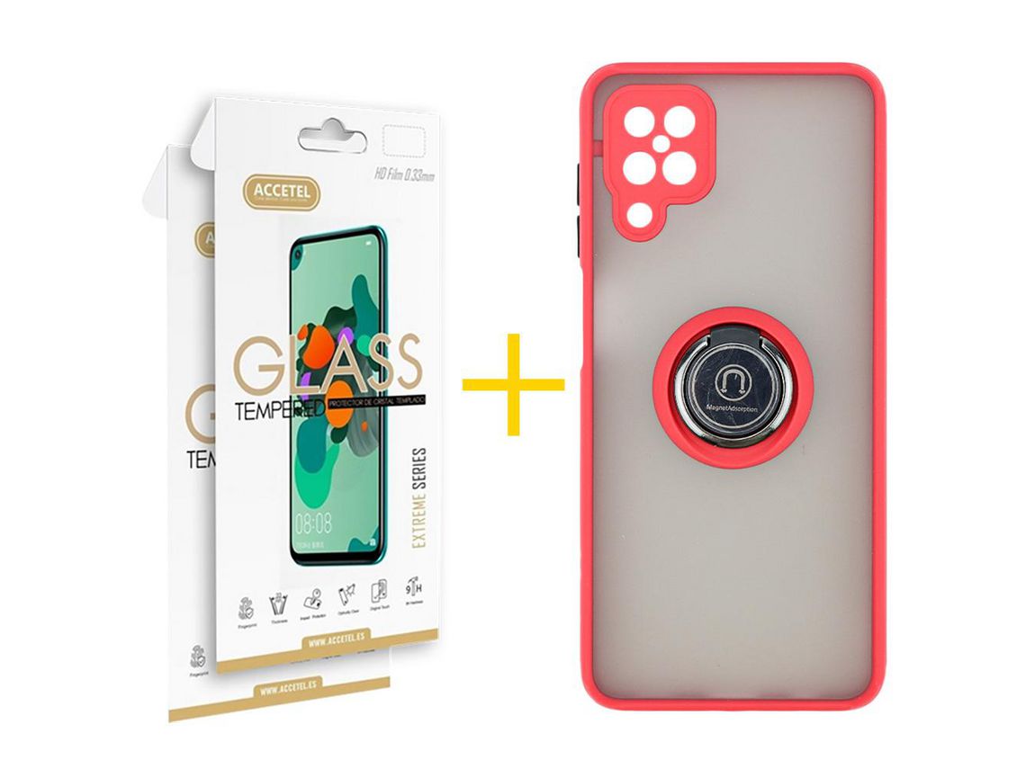 Pack 2 X Protector de Vidrio Templado 2.5D + Funda ACCETEL para Samsung Galaxy M12 Gel Bumper con Anillo Rojo