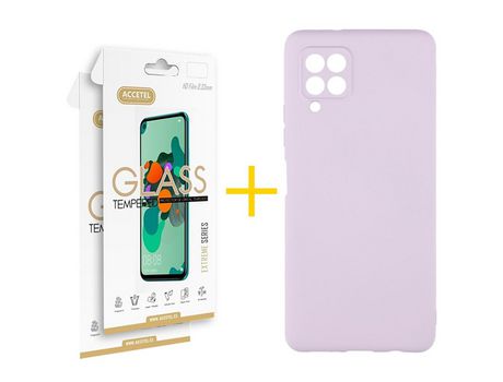 Pack 2 X Protector de Vidrio Templado 2.5D + Funda ACCETEL para Samsung Galaxy A12 4G Silicona Líquida Morado