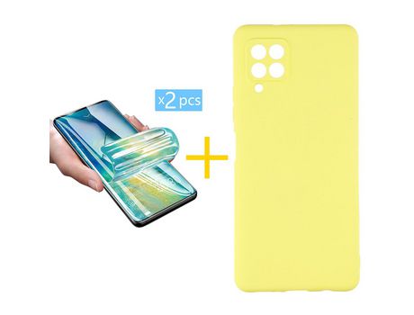 Pack 2 Películas + Funda SKYHE para Samsung Galaxy A12 4G Silicona Líquida Amarillo