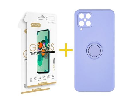 Pack 2 X Protector de Vidrio Templado 2.5D + Funda ACCETEL para Samsung Galaxy M22 Gel O-Ring Morado