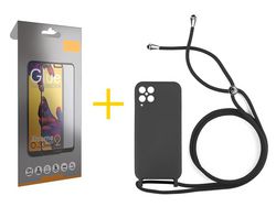 Pack 1 Película Full + Funda SKYHE para Samsung Galaxy A12 4G Gel con Cordón Negro