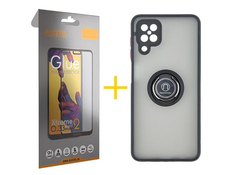Pack 1 X Protector de Vidrio Templado Full + Funda ACCETEL para Samsung Galaxy A12 4G Gel Bumper con Anillo Negro