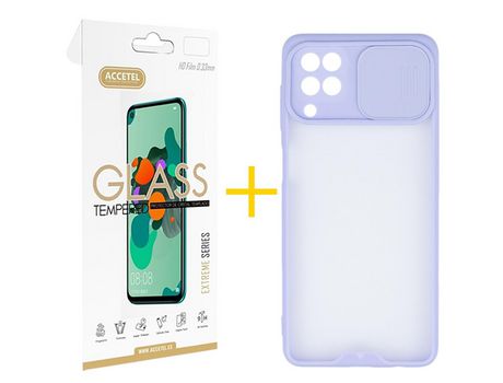 Pack 1 X Protector de Vidrio Templado 2.5D + Funda ACCETEL para Samsung Galaxy A12 5G Gel Protección Cámara Violeta
