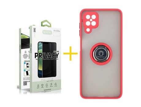 Pack 1 X Protector de Vidrio Templado Anti espía + Funda ACCETEL para Samsung Galaxy A12 4G Gel Bumper con Anillo Rojo