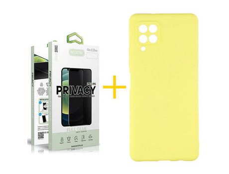 Pack 1 X Protector de Vidrio Templado Anti espía + Funda ACCETEL para Samsung Galaxy A12 5G Silicona Líquida Amarillo