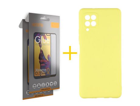 Pack 2 X Protector de Vidrio Templado Full + Funda ACCETEL para Samsung Galaxy A12 4G Silicona Líquida Amarillo