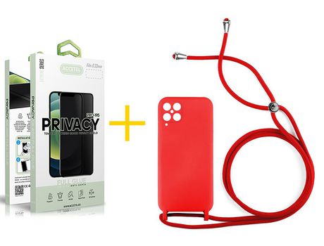 Pack 1 X Protector de Vidrio Templado Anti espía + Funda ACCETEL para Samsung Galaxy A12 5G Gel con Cordón Rojo