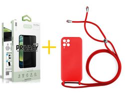 Pack 1 X Protector de Vidrio Templado Anti espía + Funda ACCETEL para Samsung Galaxy A12 5G Gel con Cordón Rojo