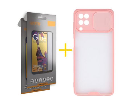 Pack 2 X Protector de Vidrio Templado Full + Funda ACCETEL para Samsung Galaxy A12 5G Gel Protección Cámara Rosa